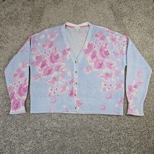Sundance Dalia Cardigan Sweater XXL Knit Floral V-Neck Blue Pink Wool Blend